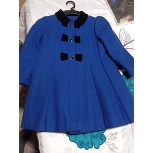 Young Gallery Girls Blue Wool Blend Coat with Velvet Trim and Bows Hat Set